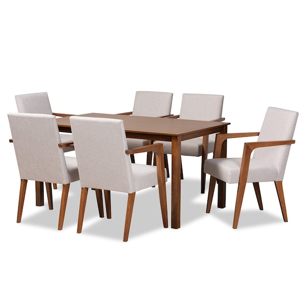Baxton Studio Glenda Mid-Century Modern Greyish Beige Fabric and Walnut Brown Finished Wood 7-Piece Dining Set 187-7364-10520-Zoro - main